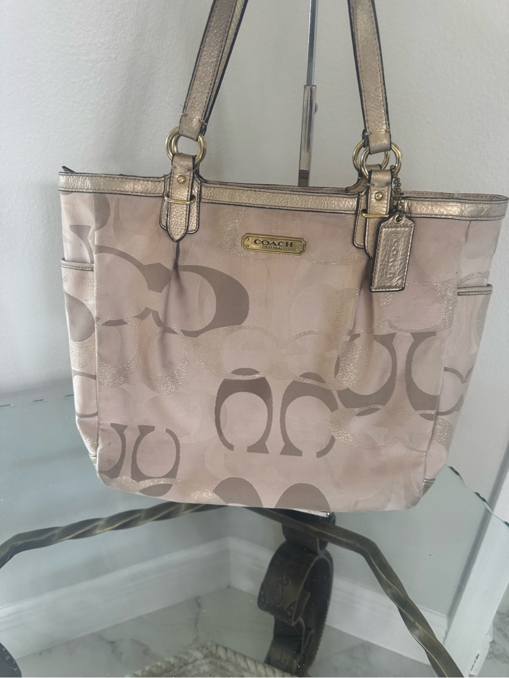 Coach Metallic Blush Signature Tote with Gold Accents